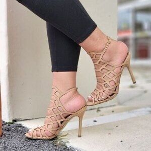 Ladies Beige Slingback Stiletto Peep Toe Adjustable Strap Sandals